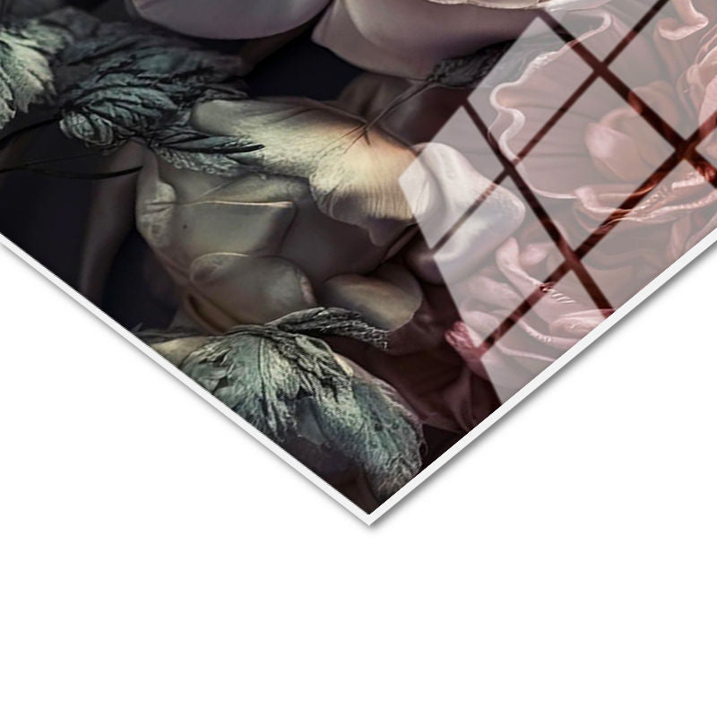 Tamperli Gerçek Cam Tablo Kat Kat Yapraklı Pastel Çiçekler Çiçek Tablosu Duvar Dekoru