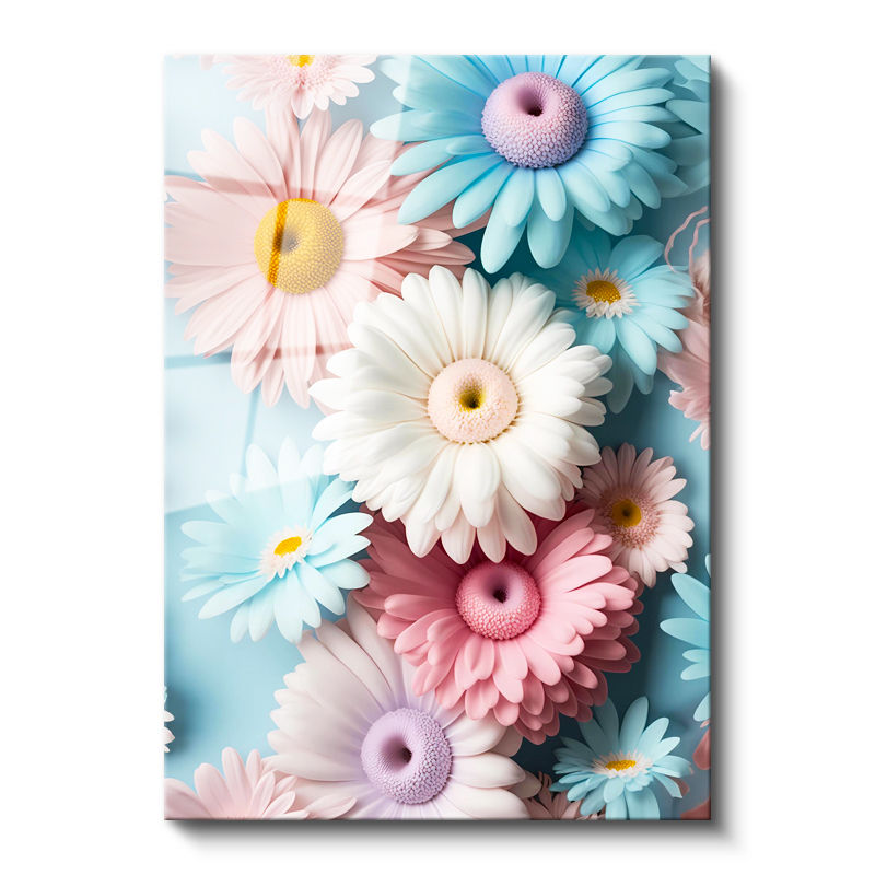 Tamperli Gerçek Cam Tablo Pastel Tonlu Renkli Papatyalar Çiçek Tablosu Duvar Dekoru