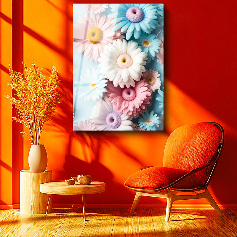 Tamperli Gerçek Cam Tablo Pastel Tonlu Renkli Papatyalar Çiçek Tablosu Duvar Dekoru