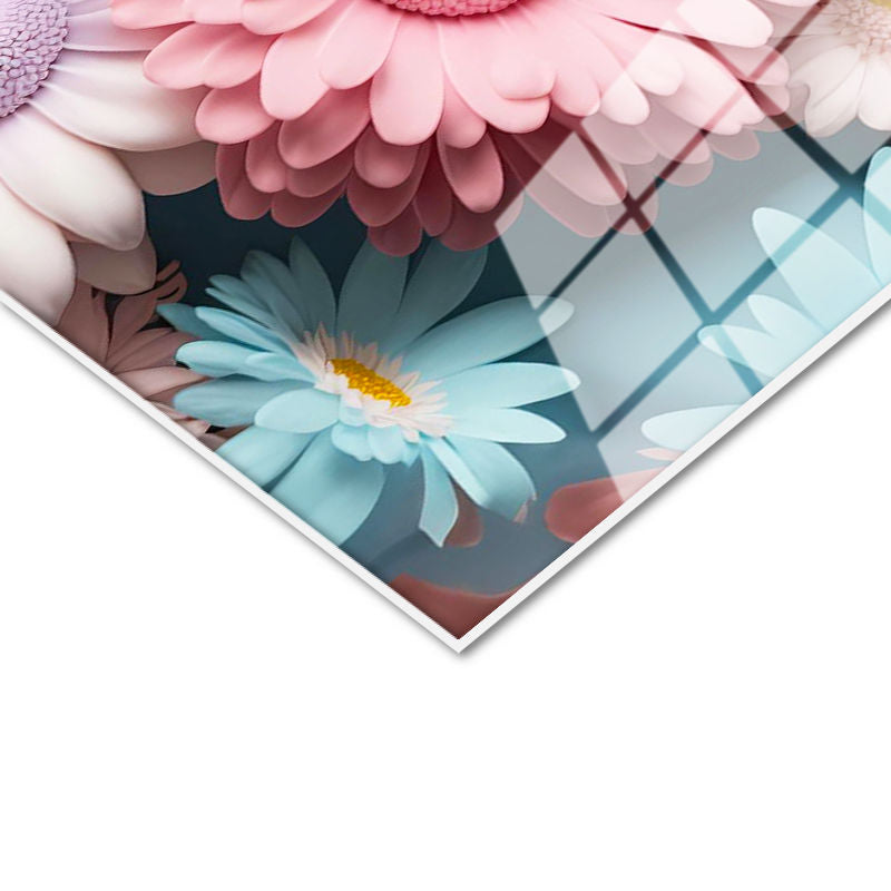 Tamperli Gerçek Cam Tablo Pastel Tonlu Renkli Papatyalar Çiçek Tablosu Duvar Dekoru