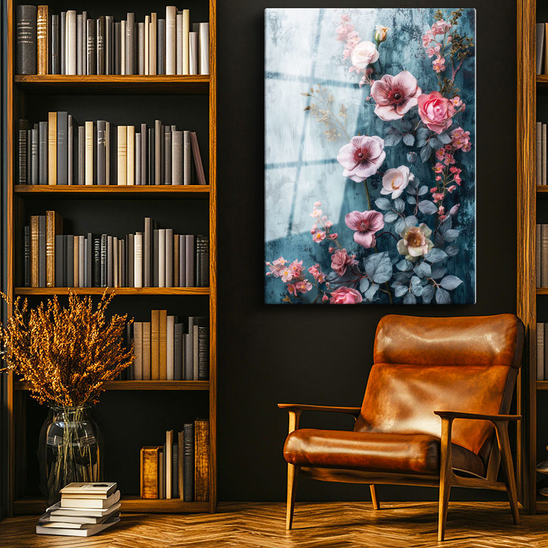 Tamperli Gerçek Cam Tablo Mavi Dokulu Pembe Yaban Gülü Çiçek Tablosu Duvar Dekoru