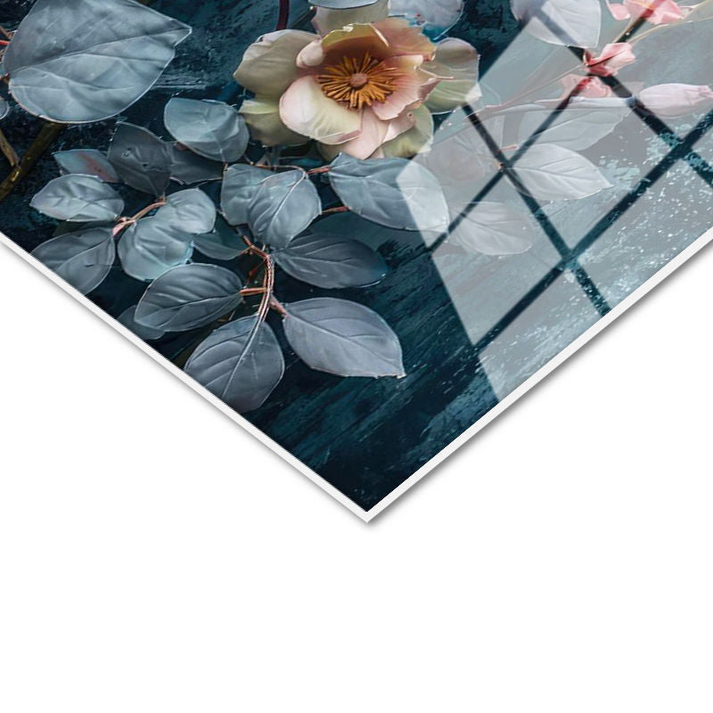 Tamperli Gerçek Cam Tablo Mavi Dokulu Pembe Yaban Gülü Çiçek Tablosu Duvar Dekoru