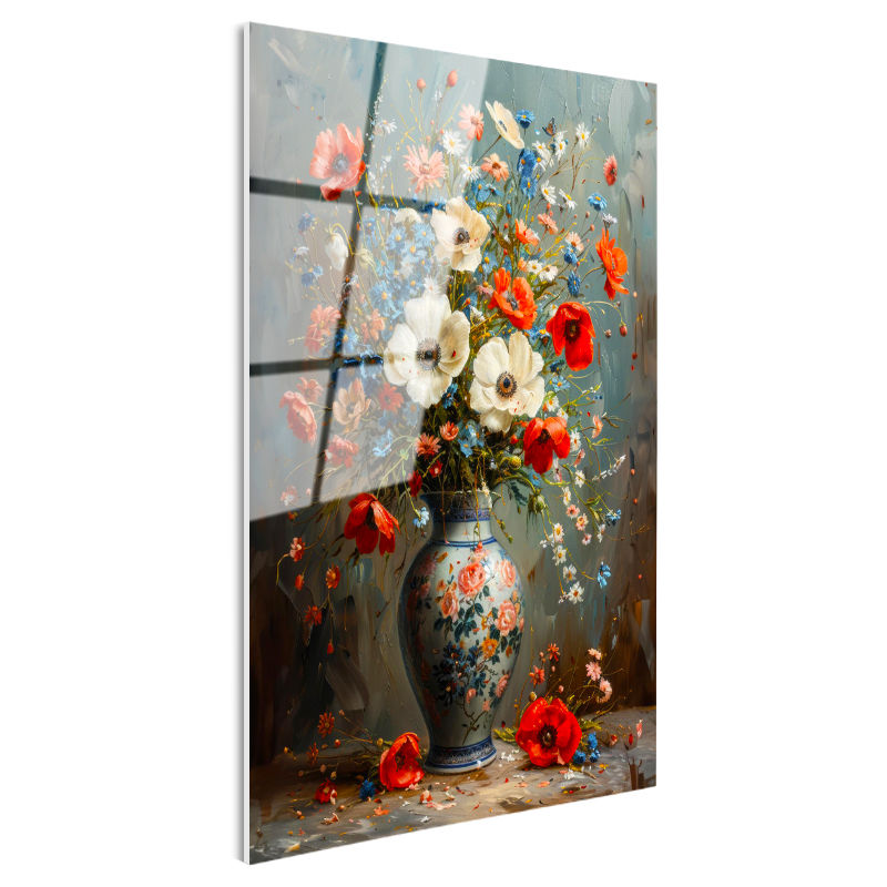 Tamperli Gerçek Cam Tablo Porselen Vazoda Kır Çiçekleri Çiçek Tablosu Duvar Dekoru