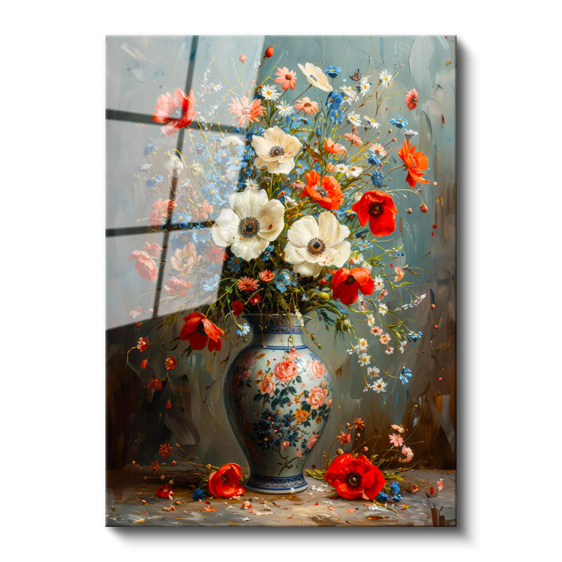 Tamperli Gerçek Cam Tablo Porselen Vazoda Kır Çiçekleri Çiçek Tablosu Duvar Dekoru