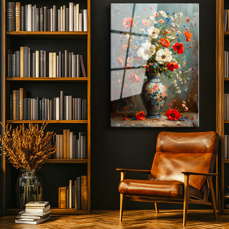 Tamperli Gerçek Cam Tablo Porselen Vazoda Kır Çiçekleri Çiçek Tablosu Duvar Dekoru