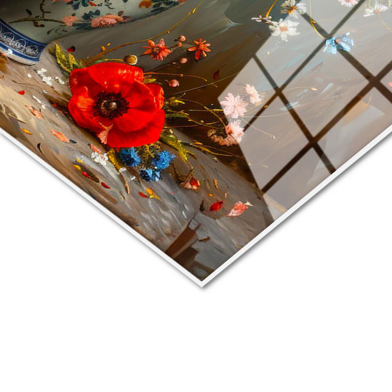Tamperli Gerçek Cam Tablo Porselen Vazoda Kır Çiçekleri Çiçek Tablosu Duvar Dekoru
