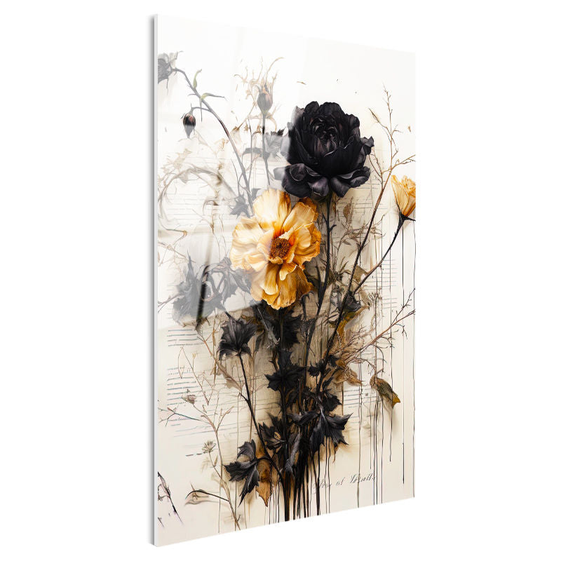 Tamperli Gerçek Cam Tablo Siyah Yapraklı Sarı Botanik Çiçek Tablosu Duvar Dekoru