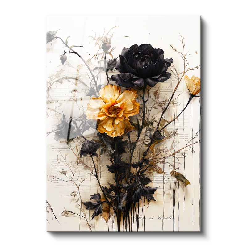 Tamperli Gerçek Cam Tablo Siyah Yapraklı Sarı Botanik Çiçek Tablosu Duvar Dekoru