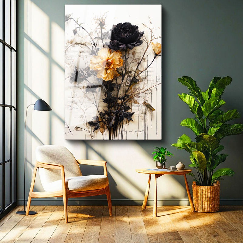 Tamperli Gerçek Cam Tablo Siyah Yapraklı Sarı Botanik Çiçek Tablosu Duvar Dekoru