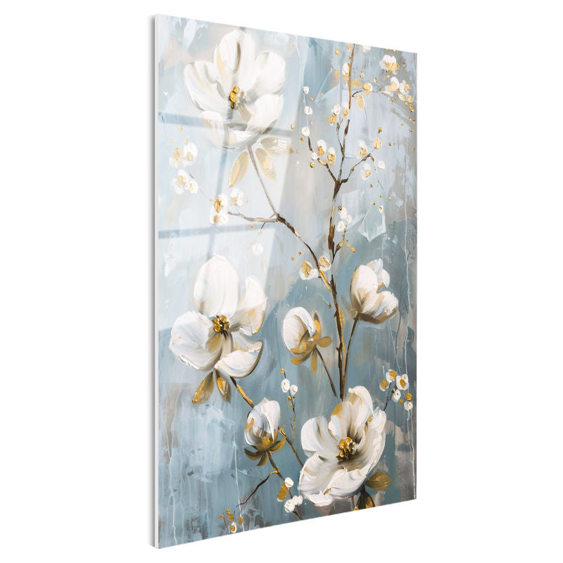 Tamperli Gerçek Cam Tablo Altın Yaldız Detaylı Beyaz Dallar Çiçek Tablosu Duvar Dekoru