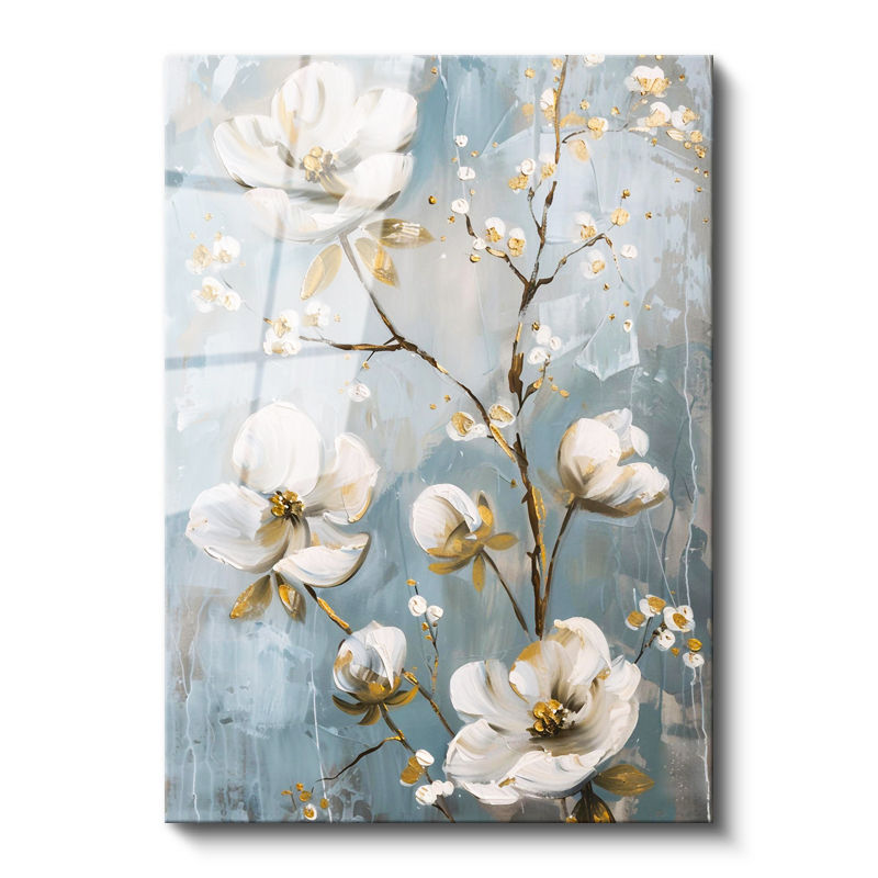 Tamperli Gerçek Cam Tablo Altın Yaldız Detaylı Beyaz Dallar Çiçek Tablosu Duvar Dekoru