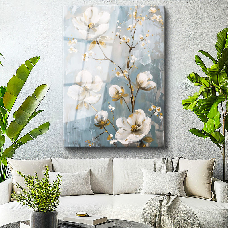 Tamperli Gerçek Cam Tablo Altın Yaldız Detaylı Beyaz Dallar Çiçek Tablosu Duvar Dekoru