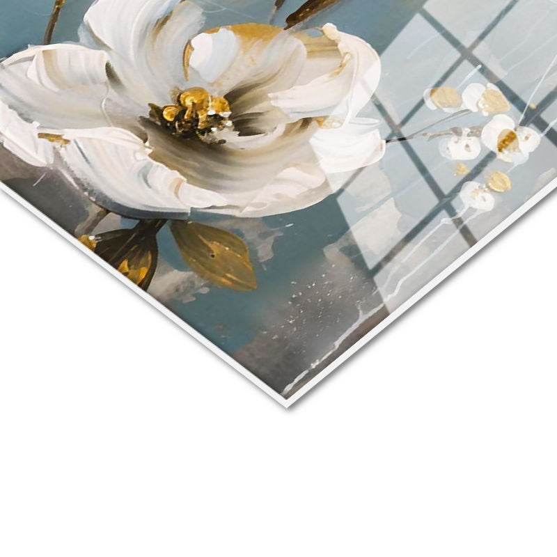 Tamperli Gerçek Cam Tablo Altın Yaldız Detaylı Beyaz Dallar Çiçek Tablosu Duvar Dekoru