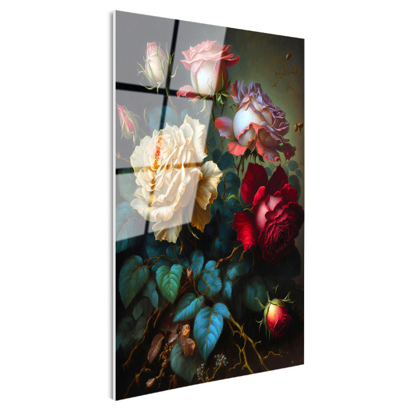 Tamperli Gerçek Cam Tablo Klasik Yağlı Boya Görünümlü Güller Çiçek Tablosu Duvar Dekoru