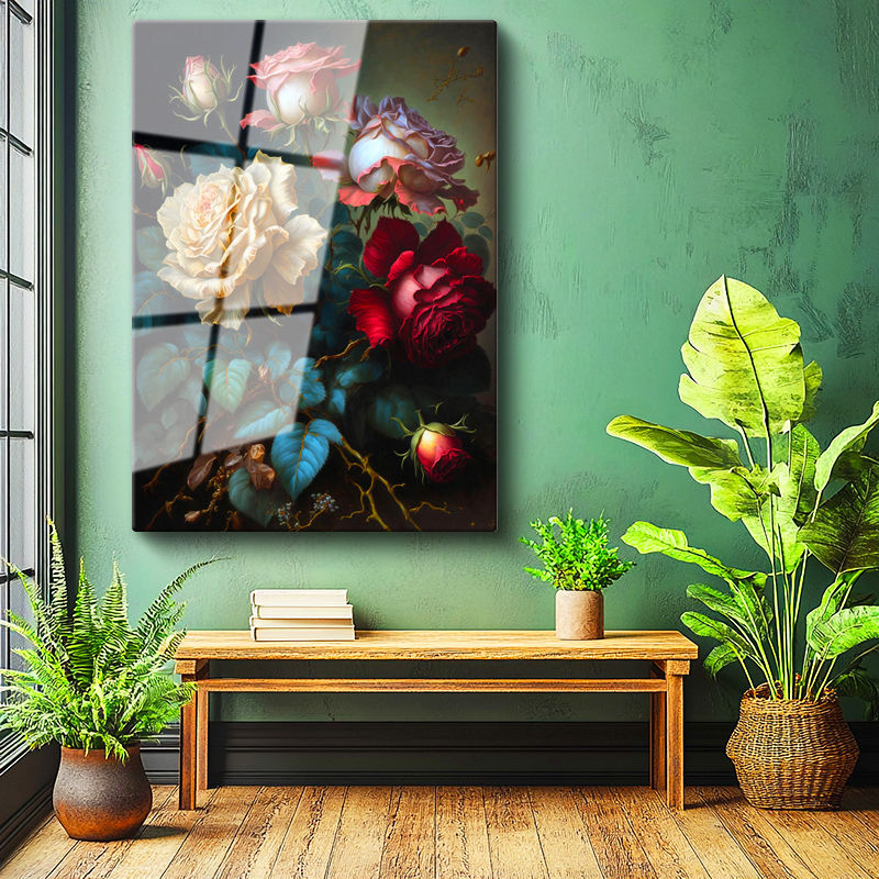 Tamperli Gerçek Cam Tablo Klasik Yağlı Boya Görünümlü Güller Çiçek Tablosu Duvar Dekoru