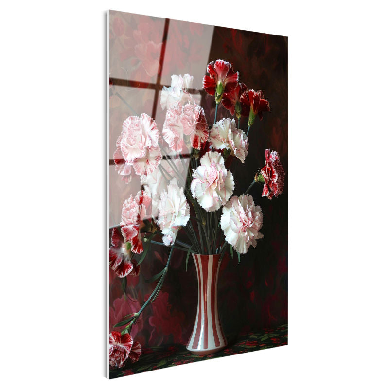 Tamperli Gerçek Cam Tablo Vazoda Kırmızı Beyaz Karanfiller Çiçek Tablosu Duvar Dekoru