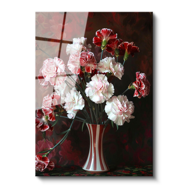 Tamperli Gerçek Cam Tablo Vazoda Kırmızı Beyaz Karanfiller Çiçek Tablosu Duvar Dekoru
