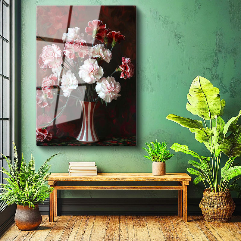 Tamperli Gerçek Cam Tablo Vazoda Kırmızı Beyaz Karanfiller Çiçek Tablosu Duvar Dekoru