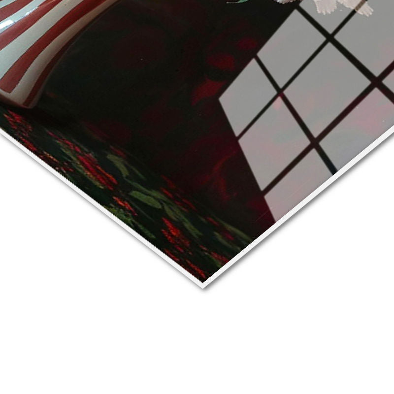 Tamperli Gerçek Cam Tablo Vazoda Kırmızı Beyaz Karanfiller Çiçek Tablosu Duvar Dekoru