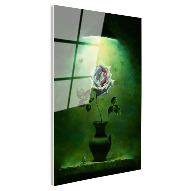 Tamperli Gerçek Cam Tablo Loş Işıkta Soluk Pembe Gül Çiçek Tablosu Duvar Dekoru