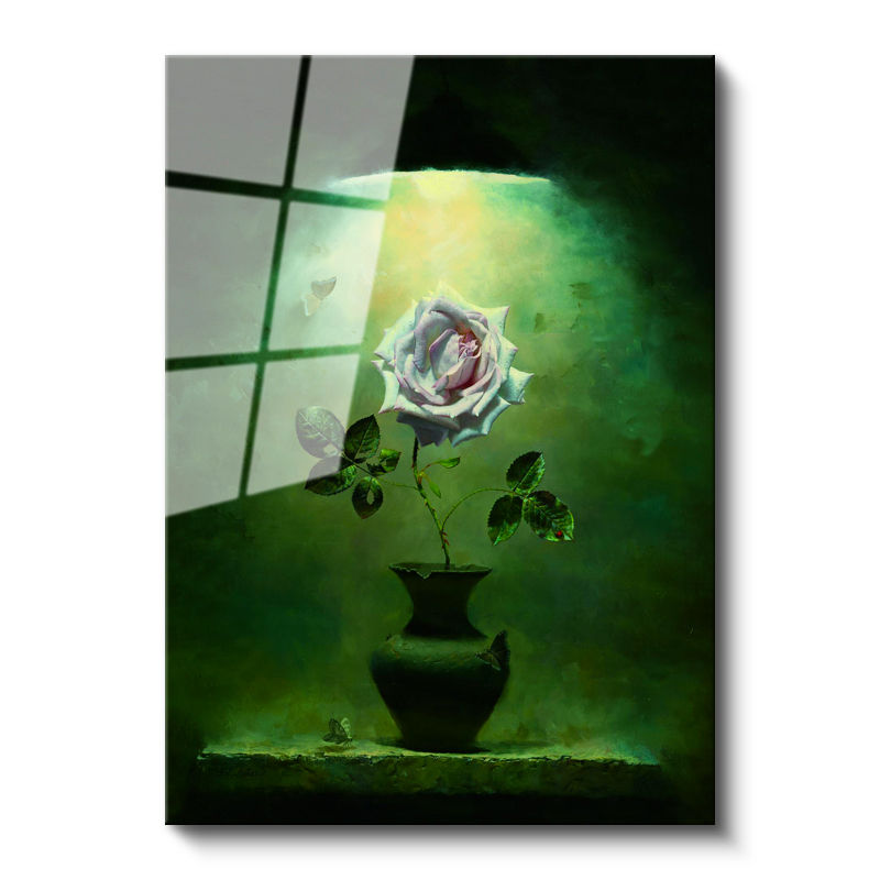 Tamperli Gerçek Cam Tablo Loş Işıkta Soluk Pembe Gül Çiçek Tablosu Duvar Dekoru