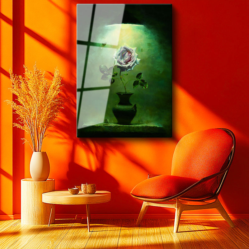 Tamperli Gerçek Cam Tablo Loş Işıkta Soluk Pembe Gül Çiçek Tablosu Duvar Dekoru
