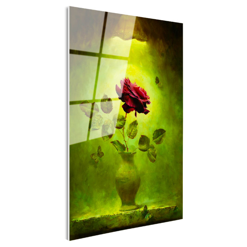 Tamperli Gerçek Cam Tablo Kelebekler ve Kırmızı Gül Çiçek Tablosu Duvar Dekoru