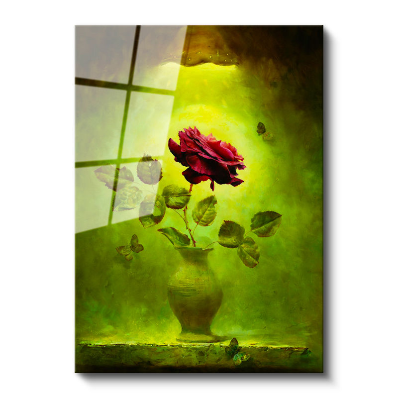 Tamperli Gerçek Cam Tablo Kelebekler ve Kırmızı Gül Çiçek Tablosu Duvar Dekoru