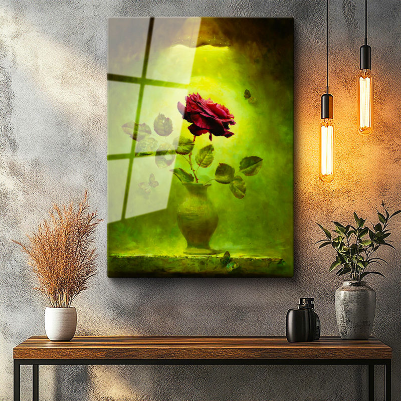 Tamperli Gerçek Cam Tablo Kelebekler ve Kırmızı Gül Çiçek Tablosu Duvar Dekoru