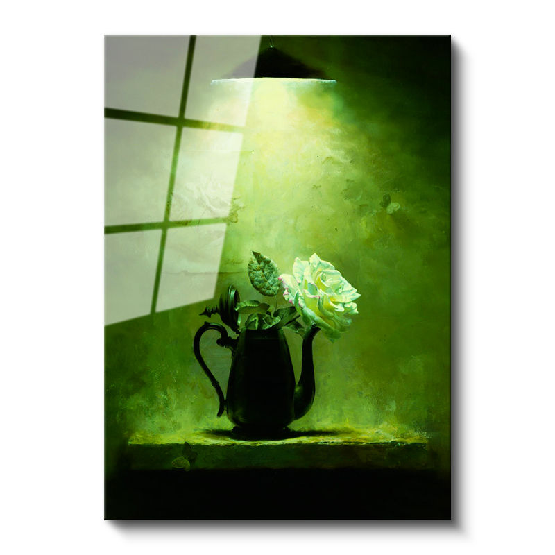 Tamperli Gerçek Cam Tablo Siyah Demlikte Beyaz Gül Çiçek Tablosu Duvar Dekoru