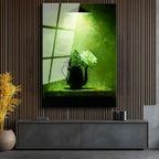 Tamperli Gerçek Cam Tablo Siyah Demlikte Beyaz Gül Çiçek Tablosu Duvar Dekoru