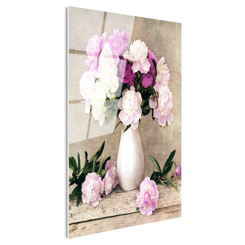 Tamperli Gerçek Cam Tablo Beyaz Vazoda Şakayık Buketi Çiçek Tablosu Duvar Dekoru