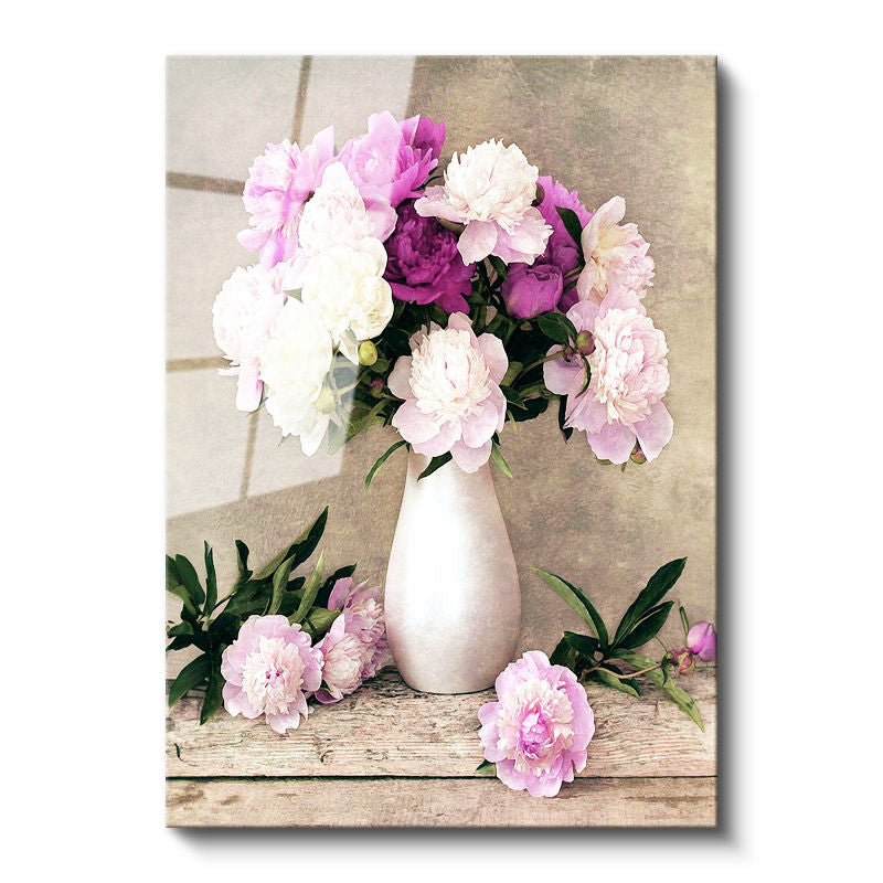 Tamperli Gerçek Cam Tablo Beyaz Vazoda Şakayık Buketi Çiçek Tablosu Duvar Dekoru