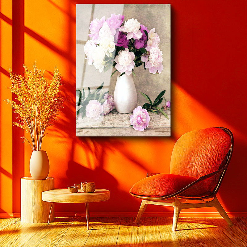 Tamperli Gerçek Cam Tablo Beyaz Vazoda Şakayık Buketi Çiçek Tablosu Duvar Dekoru