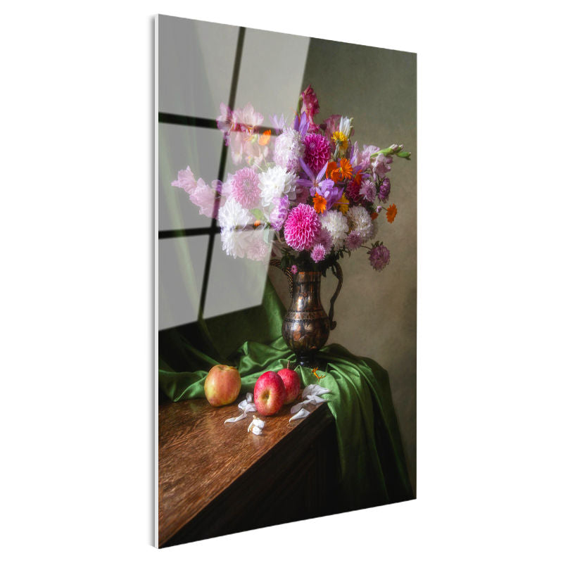 Tamperli Gerçek Cam Tablo Bakır Vazoda Mor Çiçek Aranjmanı Çiçek Tablosu Duvar Dekoru