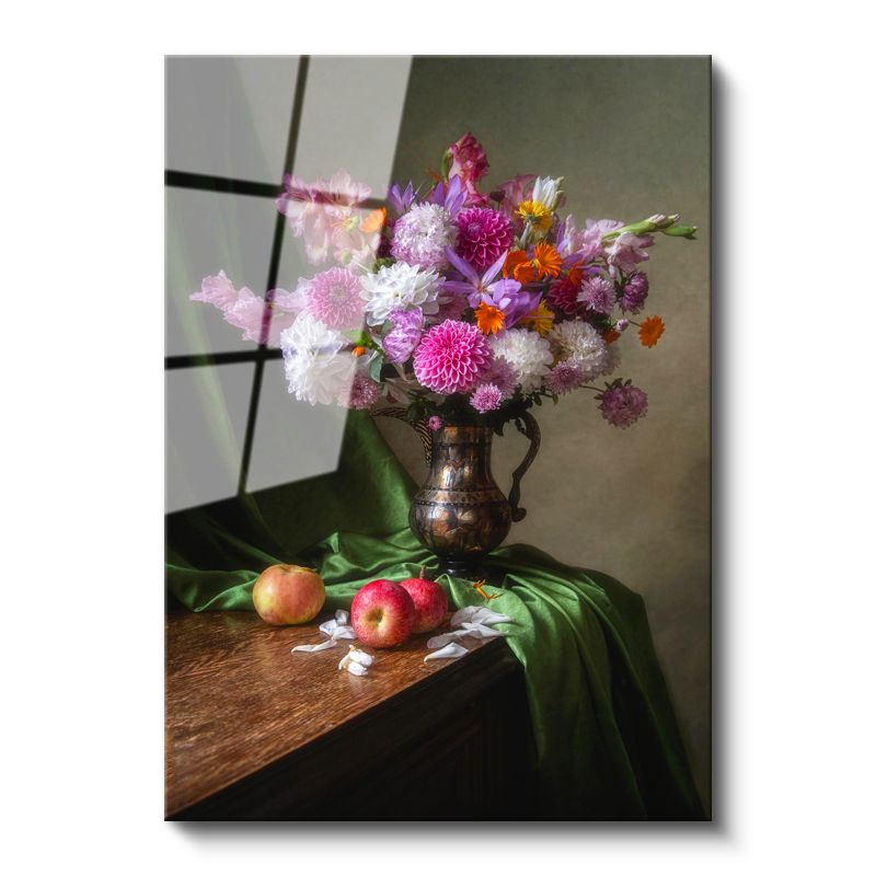 Tamperli Gerçek Cam Tablo Bakır Vazoda Mor Çiçek Aranjmanı Çiçek Tablosu Duvar Dekoru