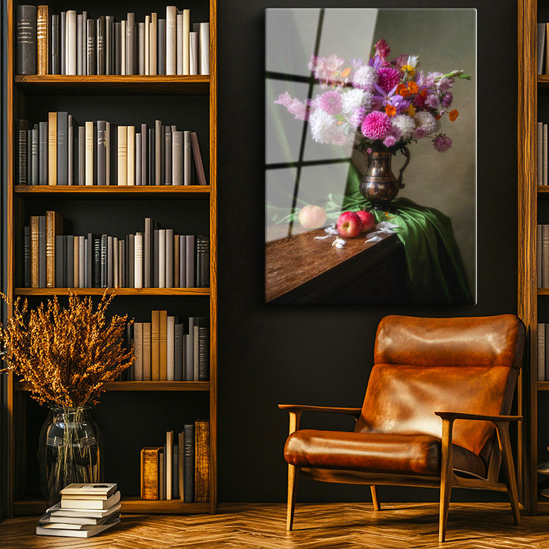 Tamperli Gerçek Cam Tablo Bakır Vazoda Mor Çiçek Aranjmanı Çiçek Tablosu Duvar Dekoru