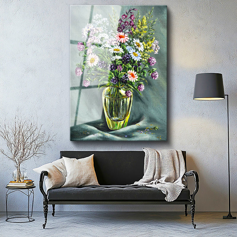 Tamperli Gerçek Cam Tablo Cam Vazoda Toplanmış Kır Çiçekleri Çiçek Tablosu Duvar Dekoru