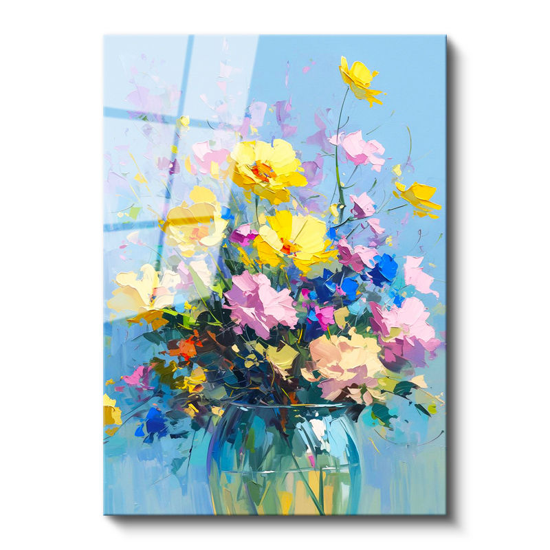 Tamperli Gerçek Cam Tablo Mavi Vazoda Sarı ve Pembe Çiçekler Çiçek Tablosu Duvar Dekoru