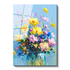 Tamperli Gerçek Cam Tablo Mavi Vazoda Sarı ve Pembe Çiçekler Çiçek Tablosu Duvar Dekoru