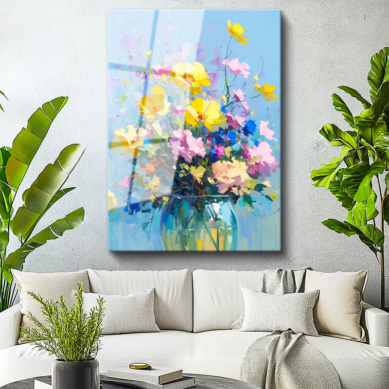 Tamperli Gerçek Cam Tablo Mavi Vazoda Sarı ve Pembe Çiçekler Çiçek Tablosu Duvar Dekoru