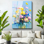 Tamperli Gerçek Cam Tablo Mavi Vazoda Sarı ve Pembe Çiçekler Çiçek Tablosu Duvar Dekoru