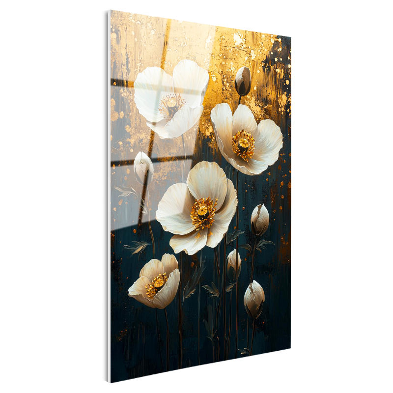Tamperli Gerçek Cam Tablo Altın Efektli Zemin Beyaz Çiçekler Çiçek Tablosu Duvar Dekoru