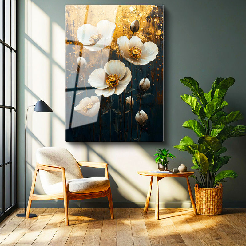 Tamperli Gerçek Cam Tablo Altın Efektli Zemin Beyaz Çiçekler Çiçek Tablosu Duvar Dekoru