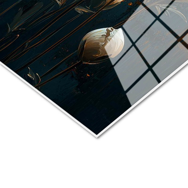 Tamperli Gerçek Cam Tablo Altın Efektli Zemin Beyaz Çiçekler Çiçek Tablosu Duvar Dekoru