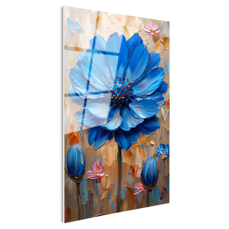 Tamperli Gerçek Cam Tablo Kabartma Görünümlü Mavi Çiçek Tablosu Duvar Dekoru