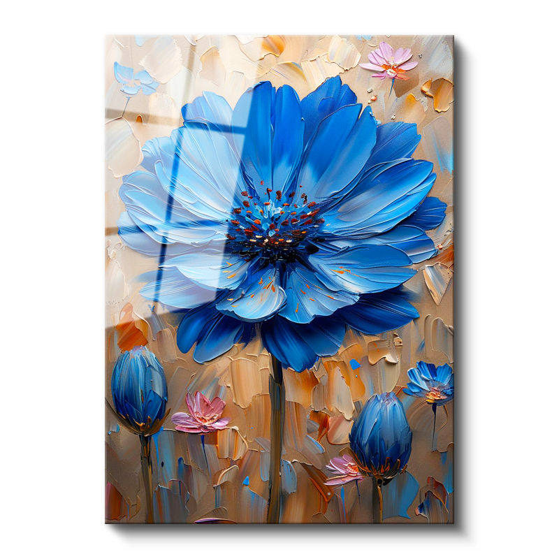 Tamperli Gerçek Cam Tablo Kabartma Görünümlü Mavi Çiçek Tablosu Duvar Dekoru