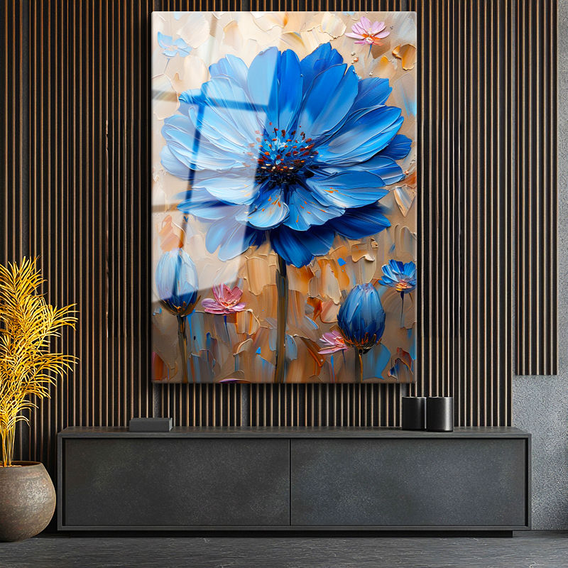 Tamperli Gerçek Cam Tablo Kabartma Görünümlü Mavi Çiçek Tablosu Duvar Dekoru