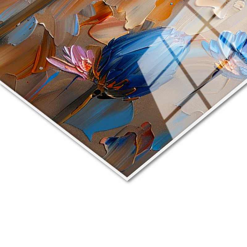 Tamperli Gerçek Cam Tablo Kabartma Görünümlü Mavi Çiçek Tablosu Duvar Dekoru