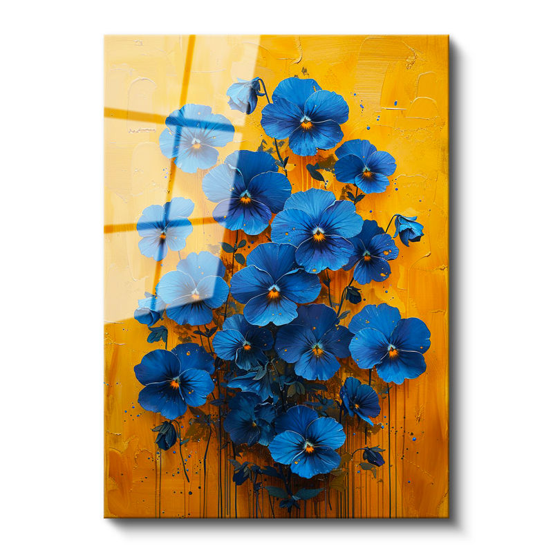 Tamperli Gerçek Cam Tablo Sarı Zeminli Mavi Menekşeler Çiçek Tablosu Duvar Dekoru